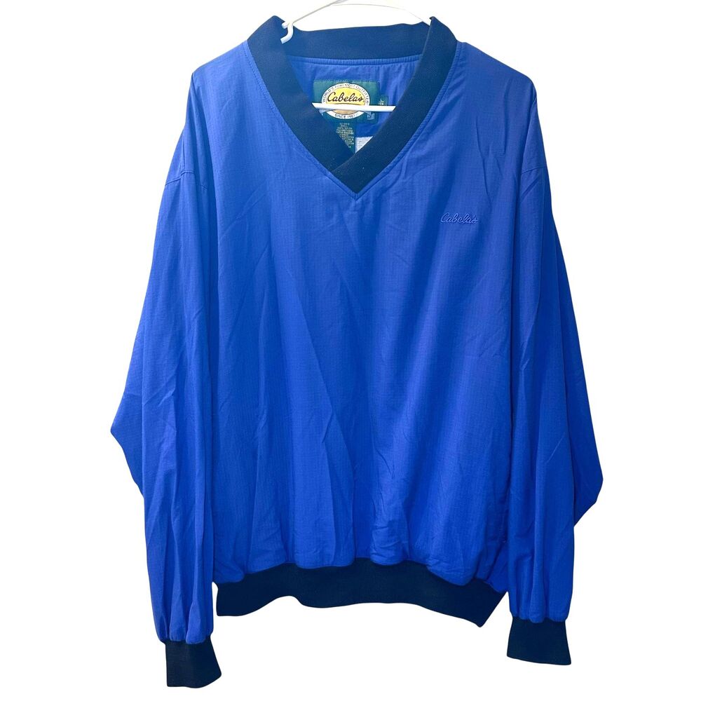 Cabela's Windbreaker Pullover Men's Size Large Blue V-Neck Outdoor Gear Jacket